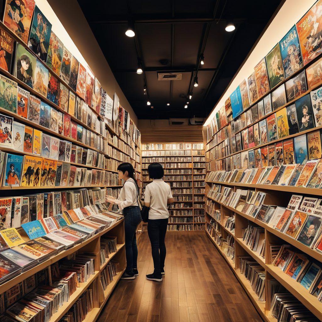 A captivating scene featuring a vibrant manga shop interior filled with colorful graphic novels and adult anime posters on the walls. A diverse group of enthusiastic fans, different ages and ethnicities, are browsing the shelves and discussing their favorite titles. Soft lighting creates a cozy and inviting atmosphere, with manga art style patterns adorning the background. The overall feel should be lively, modern, and engaging. colorful illustration. detailed textures. anime art style.