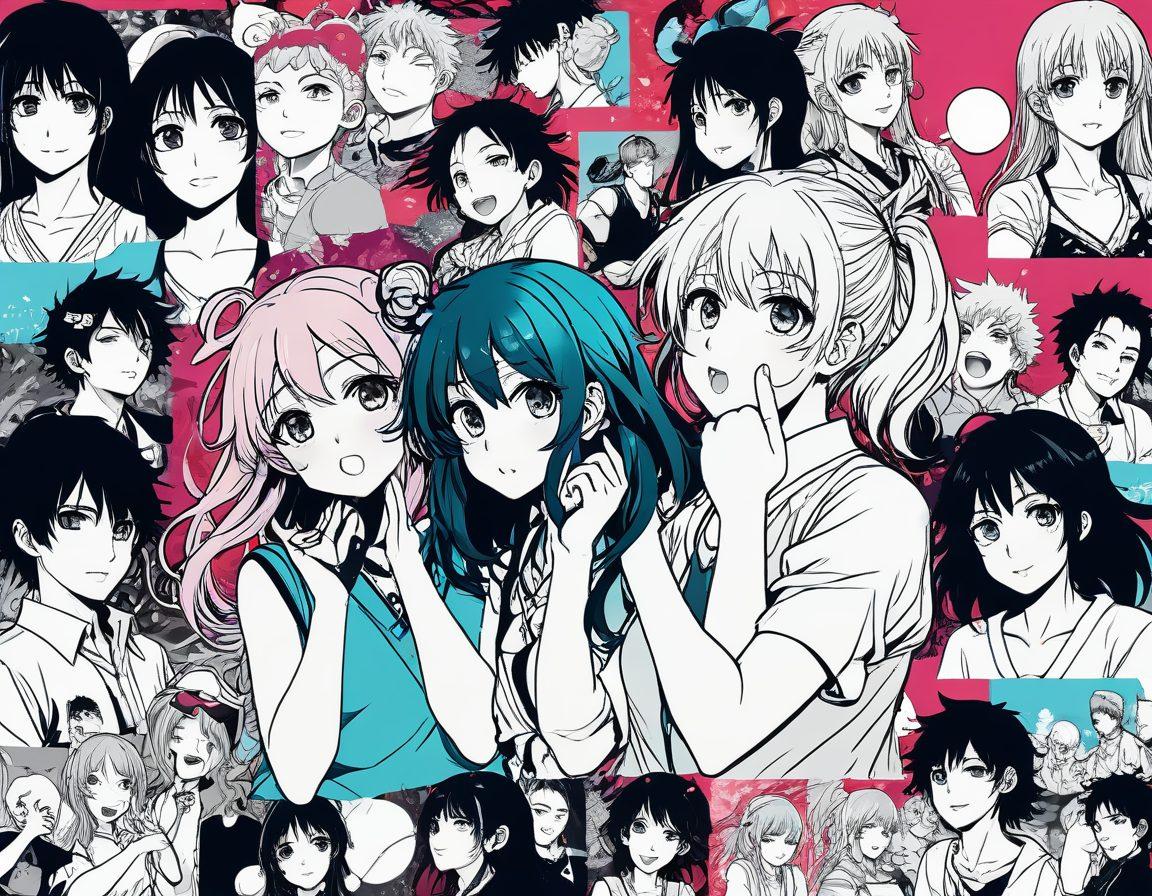 A vibrant collage depicting a fusion of hentai art styles and traditional manga, showcasing diverse characters expressing different emotions. In the background, include stylized representations of online manga communities, with chat bubbles and digital interactions among fans. Use a contrasting color palette to differentiate between playful and adult themes, while highlighting the dynamic nature of anime fandom. The scene should have a modern and slightly abstract feel to it. digital art. vibrant colors. energetic composition.